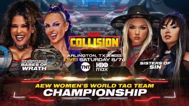#AEWCollision Arlington, TX 8/7c, TNT + HBO Max Tomorrow, 1/31! AEW Women's World Tag Team Titles @WillowWrestles/@HarleyCameron_ vs julia hart/@SkyeByee By agreeing to not interfere during Stat vs Thekla, Sisters of Sin COLLIDE vs Babes of Wrath for the Titles, TOMORROW!