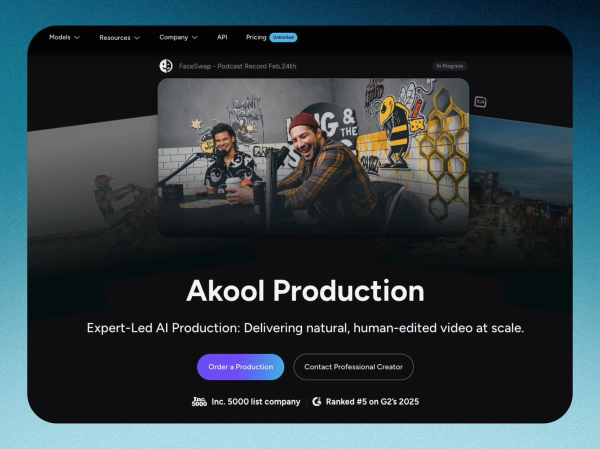 Introducing AKOOL Production 🎬 Expert-led AI video production that delivers natural, human-edited videos at scale. AI handles the speed. Professionals ensure the quality. Create ads, product videos, training content, and more faster and more affordably than traditional production, without sacrificing quality. Professional video, without production friction Built for teams that need quality, speed, and scale