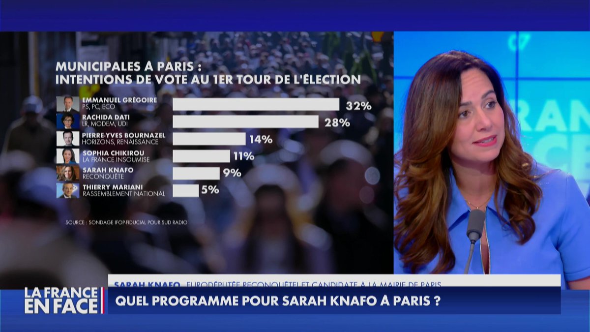 .Sarah Knafo, eurodéputée Reconquête! et candidate à la mairie de Paris : "Je ne suis pas là pour me désister, je suis là pour gagner. Je veux être la meilleure maire que Paris ait connue", dans #LaFranceEnFace sur #Europe1