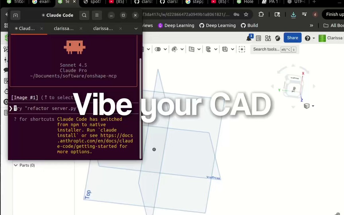 make your CAD from Claude Code. insert image and let the mcp do its thing! this mcp can make compound shapes per sketch, do extrusions, insert fillets, create counterbore holes, non-feature script gears (working on a feature script based one), and some other cool things you’ll only know till you try lol! i forked hedless’ repo for the base mcp and added more functionalities so shoutout to hedless :) repo: