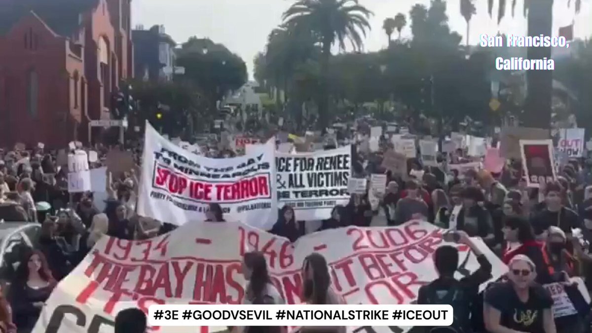 San Francisco has risen in open defiance of the regime and its paramilitary arm, ICE. From their barricades comes a single demand: “From Minneapolis to the Bay, ICE ICE go away.” #3E #GoodVsEvil #NationalStrike #ICEOut