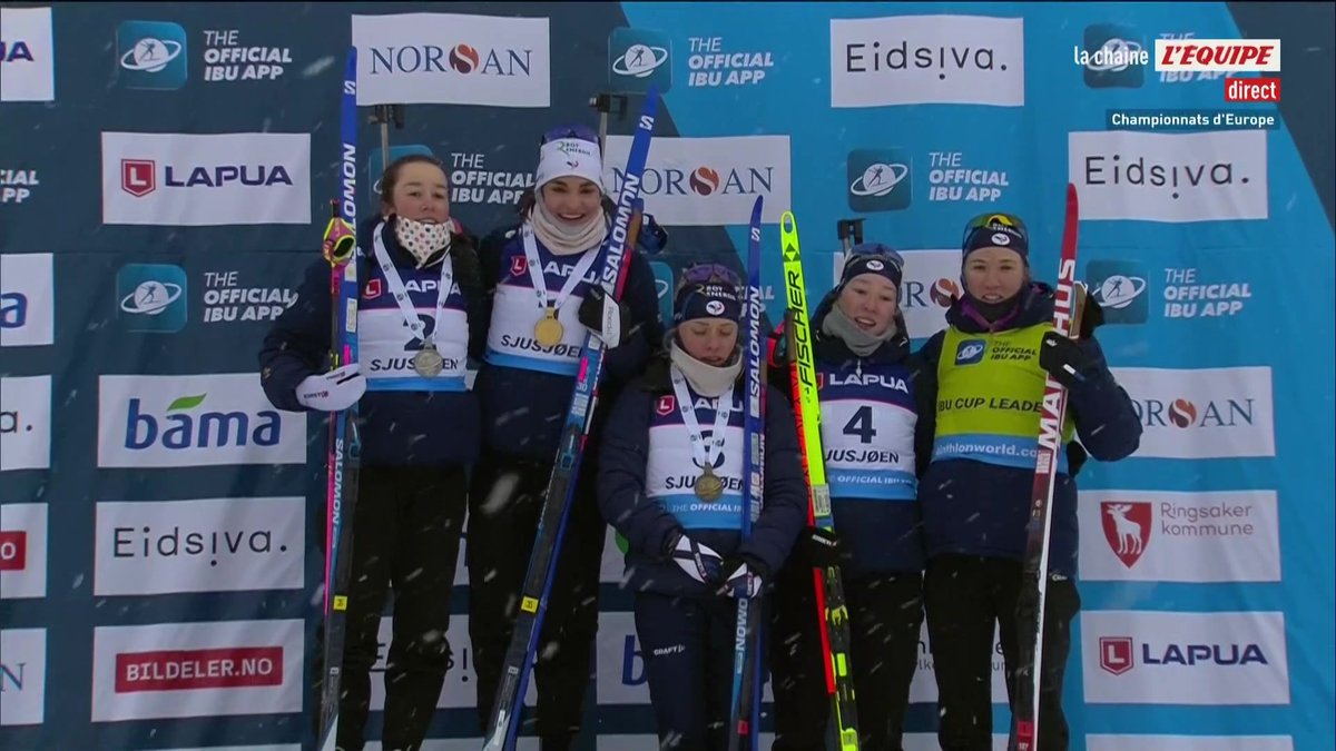 🤩🇫🇷 Magnifique podium et Marseillaise après le quintuplé des Françaises sur la poursuite des Championnats d'Europe ! #lequipeBIATHLON