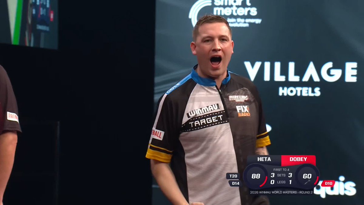 DOBEY WINS THE DECIDER! Chris Dobey is the first player through to the quarter-finals in Milton Keynes! The 2023 Masters champion fends off a valiant fightback from Damon Heta to triumph in a seventh and final set! 📺 #WinmauWorldMasters | R2