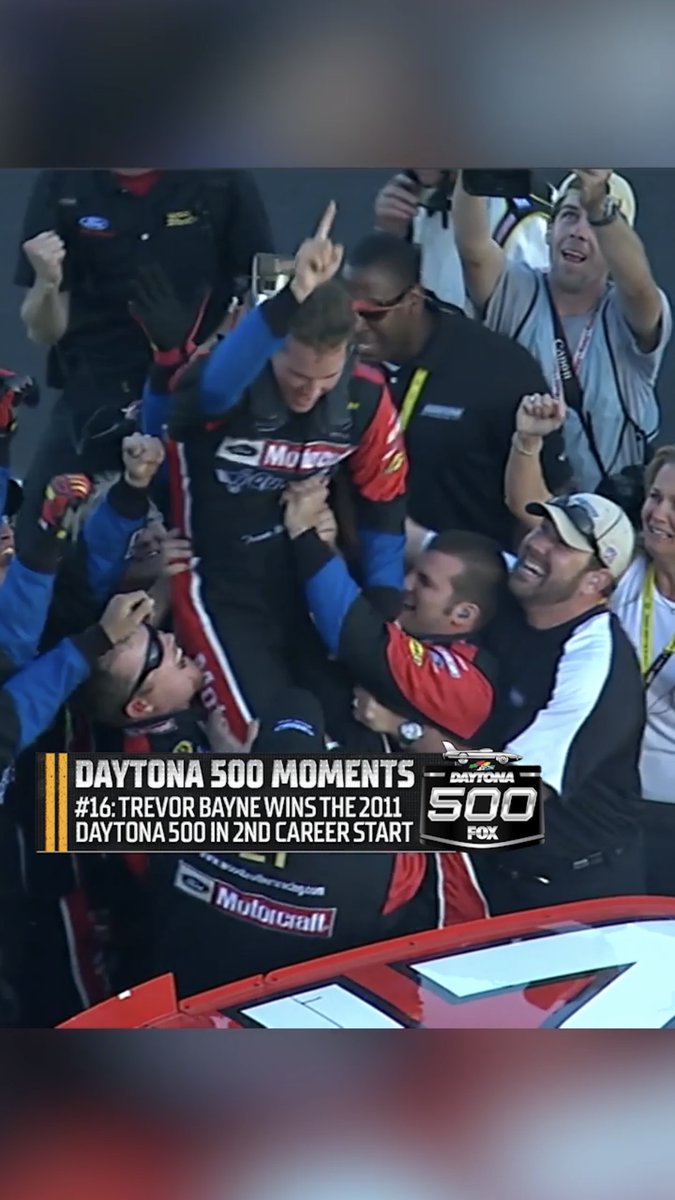 Memorable Moments of the Daytona 500 (according to Bob Pockrass). #16: "Trevor Bayne, a 20-year-old driver in just his second career Cup start, holds off Carl Edwards for the 2011 win, the first Daytona 500 victory for the legendary Wood Brothers since 1976."
