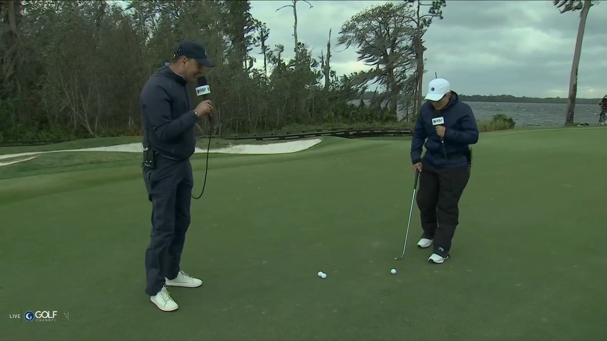 Tom Abbott and Karen Stupples demonstrate how the powerful winds are affecting putts and halting play at Lake Nona. 🔎😳 Tom Abbott | Karen Stupples