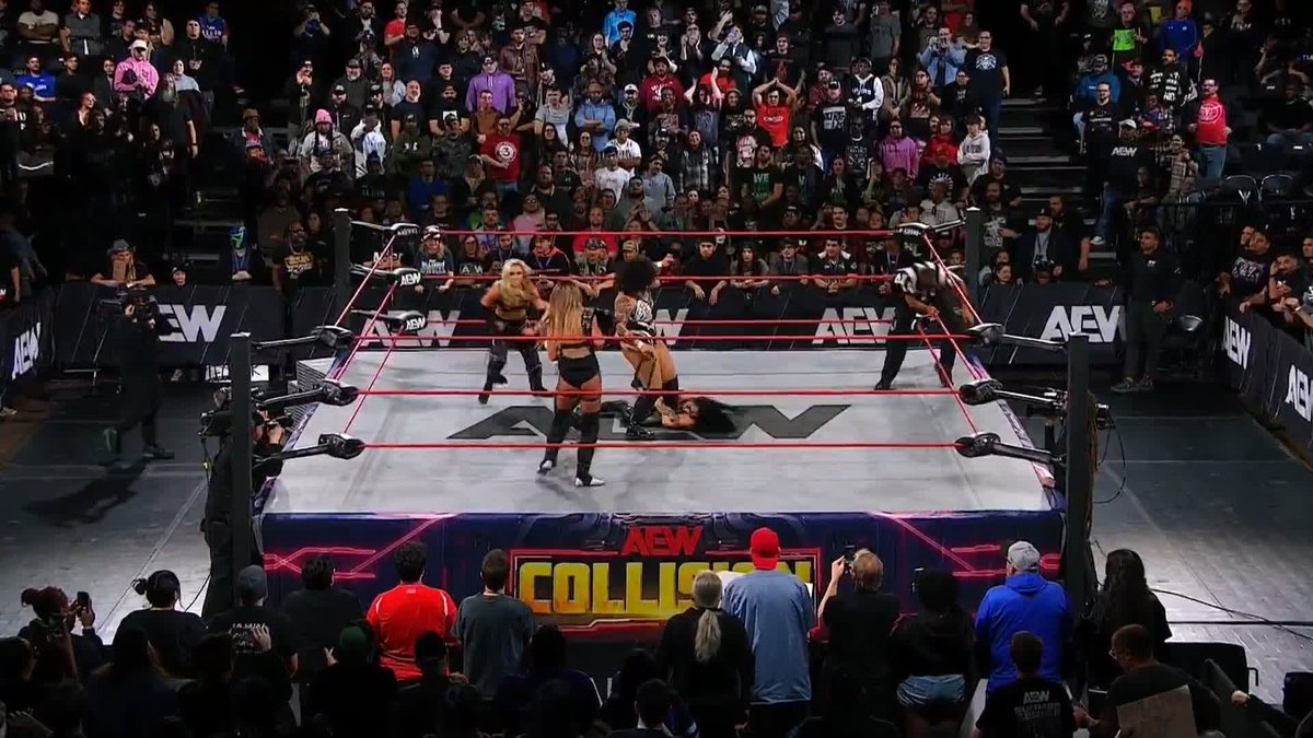 After the bell, @Toxic_Thekla, @MeganBayne and @ThePenelopeFord attack @CallMeKrisStat and the Babes of Wrath! Watch the #AEWCollision replay RIGHT NOW on @SportsOnMAX!