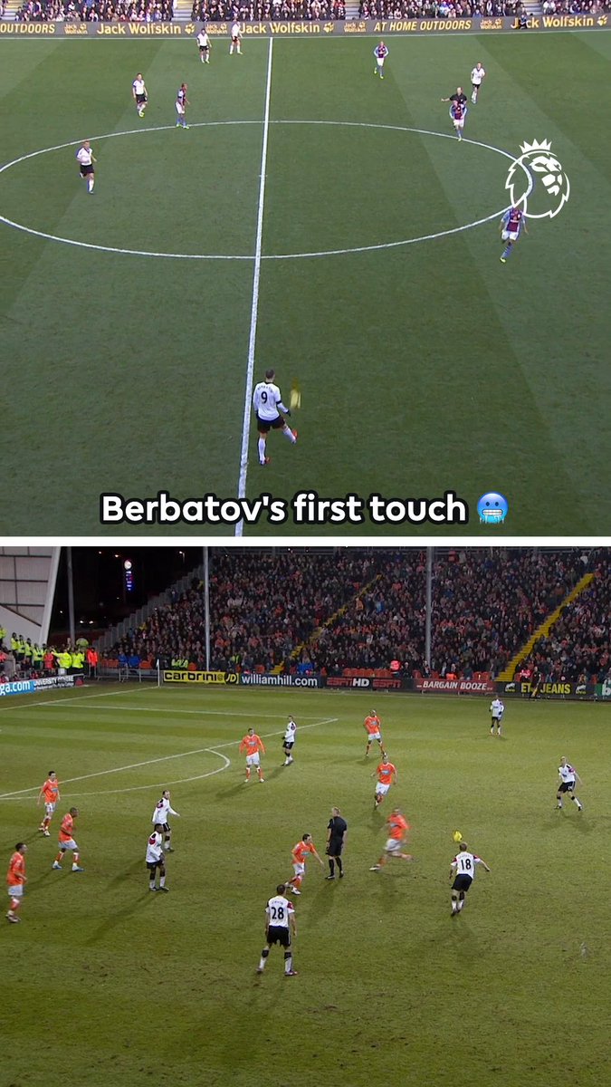Dimitar Berbatov's iconic first touch 😮‍💨 Two of his former clubs, Manchester United and Fulham Football Club, face off in the Premier League today 👊