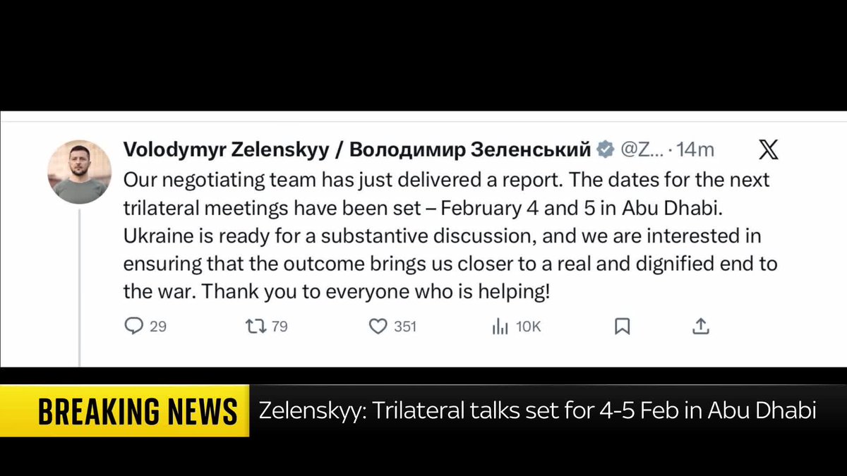 BREAKING: President Zelenskyy declares that the next round trilateral talks between Ukraine, the U.S. and Russia are set for February. 📺 Sky 501, Virgin 602, Freeview 233 and YouTube