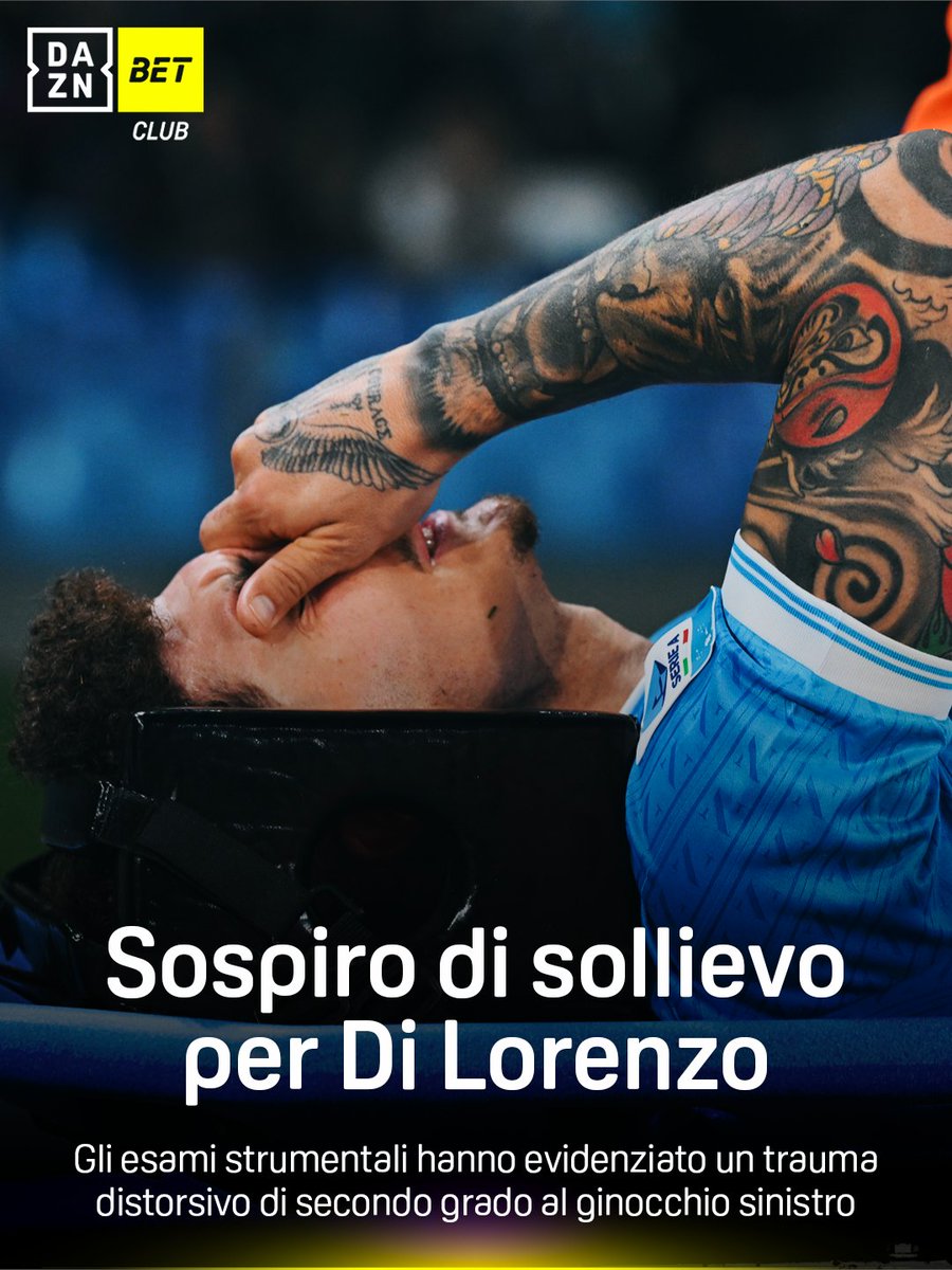 ๐จ Infortunio Di Lorenzo, sospiro di sollievo per Conte e il CT Gattuso ๐ฎ๐น ๐ Niente rottura del crociato: โGiovanni Di Lorenzo, infortunatosi nel corso del match di ieri, ha svolto oggi, presso il Pineta Grande Hospital, esami strumentali che hanno evidenziato un trauma distorsivo di secondo grado al ginocchio sinistro. Il capitano azzurro si sottoporrร a consulenza specialistica per determinare lโiter riabilitativoโ #DiLorenzo #SerieAEnilive #DAZN #DAZNBetClub