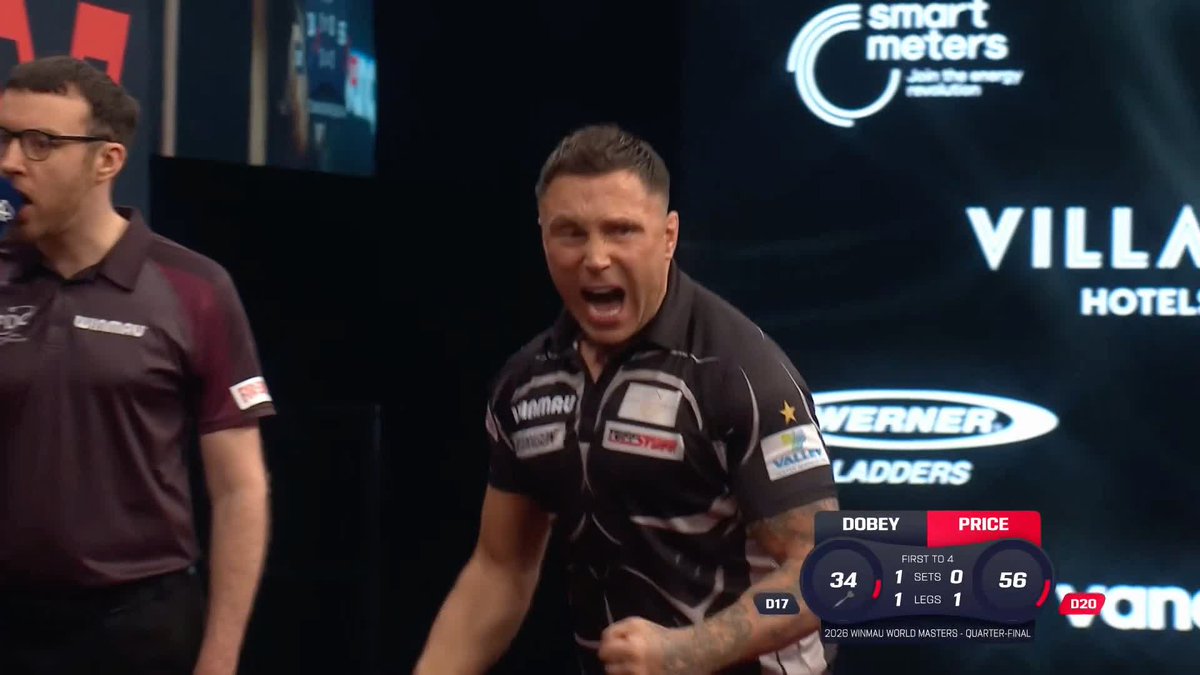 PRICE ROARS AND REPLIES! Listen to that from The Iceman! 🗣️ Gerwyn Price takes the second set to level proceedings against Chris Dobey, after SIX breaks of throw! 📺 #WinmauWorldMasters | QF