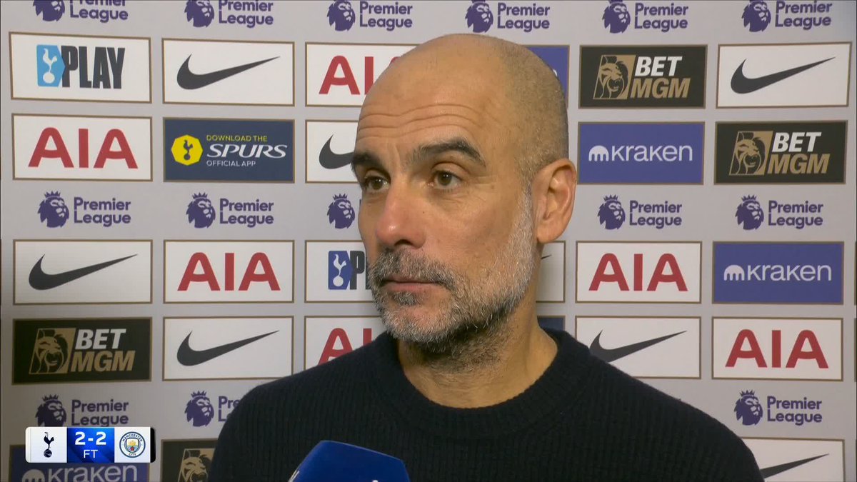 "What did you make of their first goal?" "Once again." Pep Guardiola awkwardly addresses Spurs' first goal in their draw against Manchester City 😬