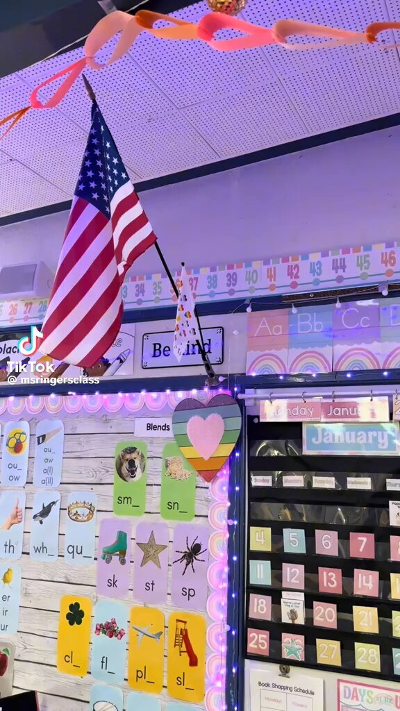 Here we go… a first grade teacher, Ms Ringer, hanging our flag upside down and posting an “Abolish ICE” sign in her classroom. According to her link tree, she is in San Diego, California. Wonder what else she teaches these poor six year old children!