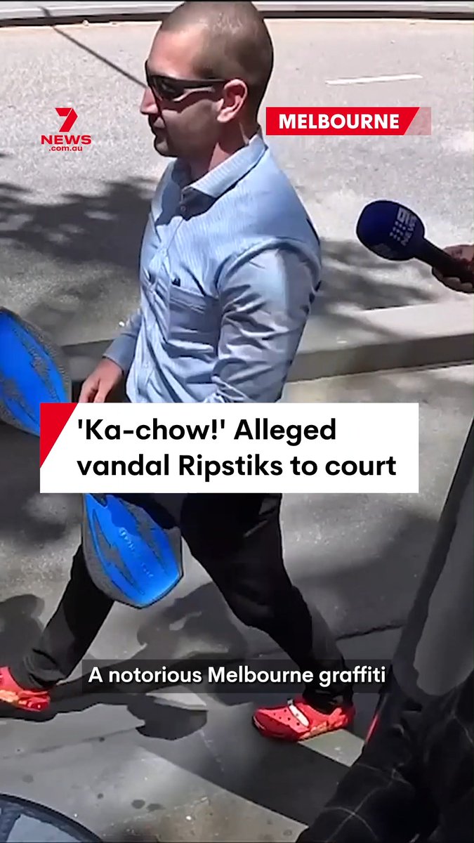 A Melbourne graffiti artist, allegedly responsible for Pam the Bird cartoons, is set to face trial. 22-year-old Jack Gibson-Burrell arrived at court on a Ripstik wearing red Lightning McQueen Crocs. #pamthebird #graffiti #lightningmcqueen #court #melbourne