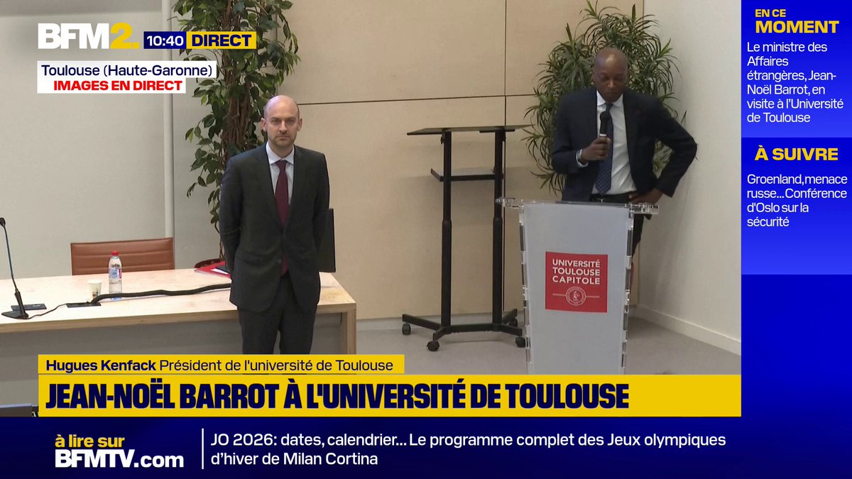 💬"Chers étudiants, vous avez de la chance d'avoir devant vous, le bon homme au bon endroit", dit le président de l'Université Toulouse Capitole ➡️"For sure!", répond Jean-Noël Barrot #BFM2