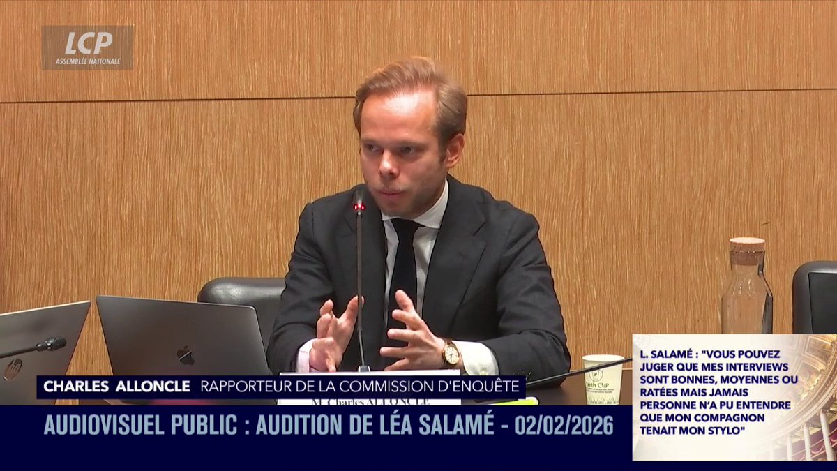 Commission d'enquête : "Pensez-vous vraiment que si vous étiez la compagne de Jordan Bardella vous seriez aujourd'hui toujours à la tête du journal de 20 Heures de France 2 ?", demande le rapporteur Charles Alloncle. à Léa Salamé. #DirectAN