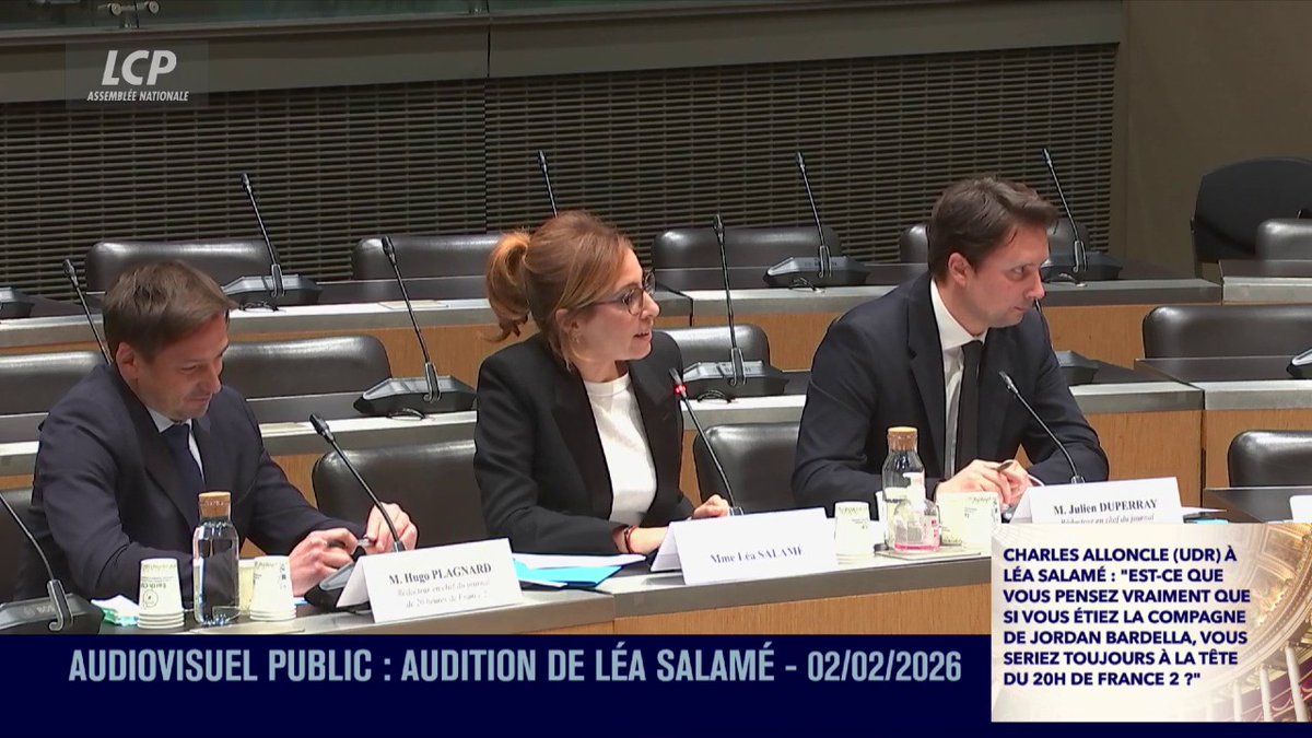 "Je ne suis pas la compagne de Jordan Bardella. J'espère que si la compagne de Jordan Bardella était journaliste, elle pourrait continuer à faire son travail sur une chaîne privée ou publique jusqu'à ce que son compagnon soit candidat", répond Léa Salamé à Charles Alloncle. #DirectAN