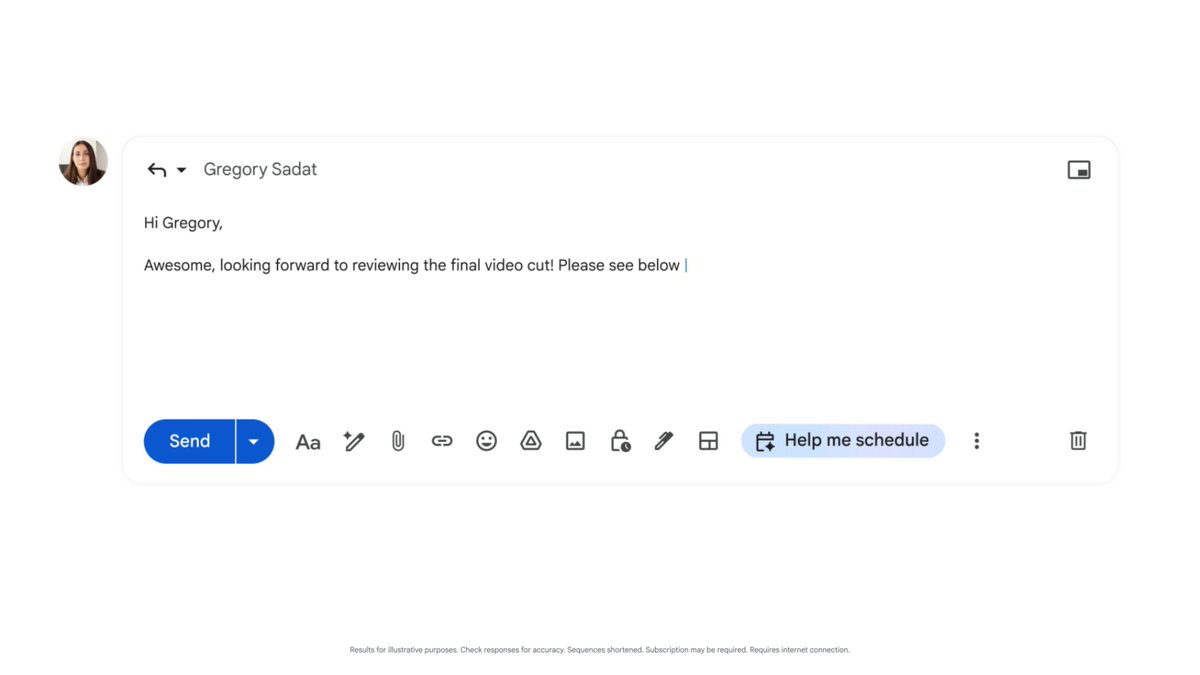 Scheduling time with clients and partners no longer means endless emails. Help me schedule in Gmail suggests the ideal time slots, using your Google Calendar availability and email context. Learn how Google Workspace helps you have effective meetings →