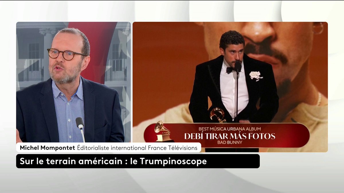 🔴 🗣️ "C'est un type bien, c'est quelqu'un qui est fils d'un chauffeur routier et d'une institutrice" : notre éditorialiste Michel Mompontet retrace le parcours de Bad Bunny. Aux Grammy Awards, le chanteur portoricain a attaqué l'ICE. Loïc de La Mornais #SurLeTerrain #Canal16