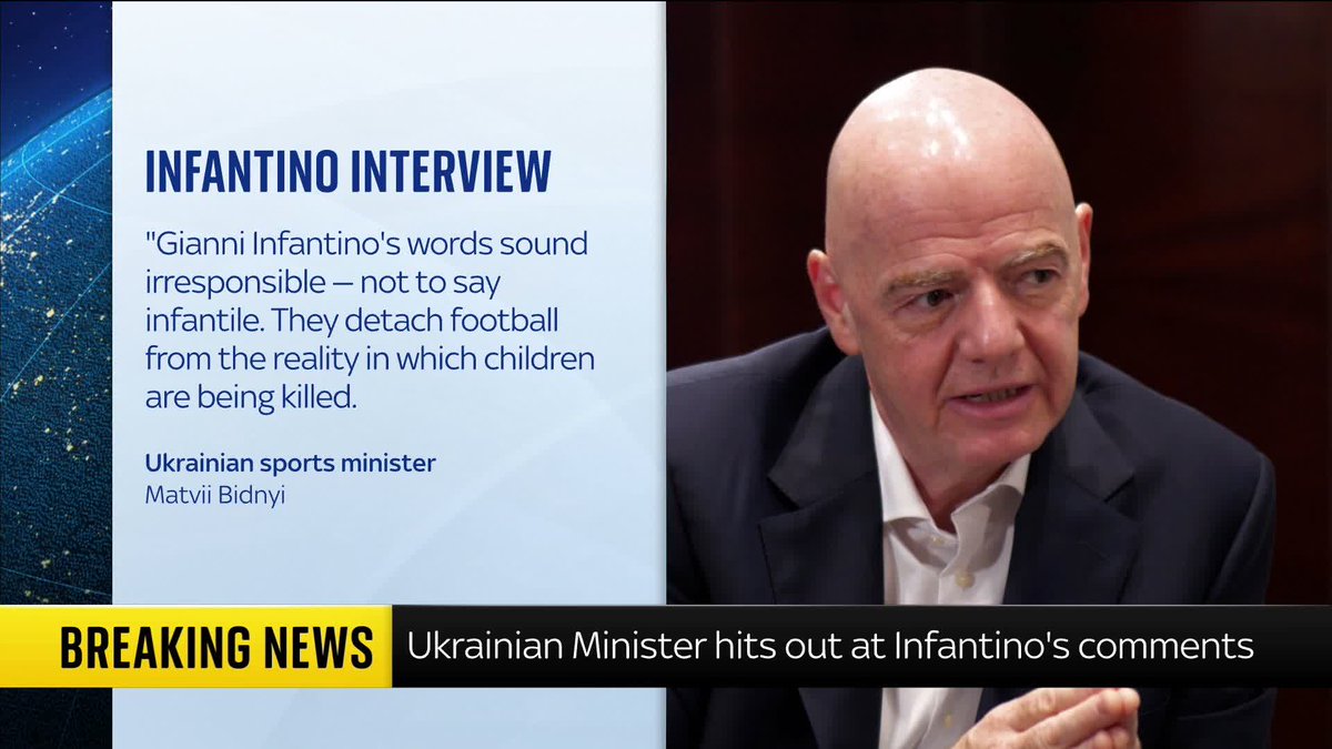 BREAKING: Ukraine's sports minister has described FIFA president Gianni Infantino's comments about lifting the ban on Russia as "irresponsible" and "infantile". Yalda Hakim has the latest ⬇️ Read more 🔗 📺 Sky 501, Virgin 602 and Freeview 233