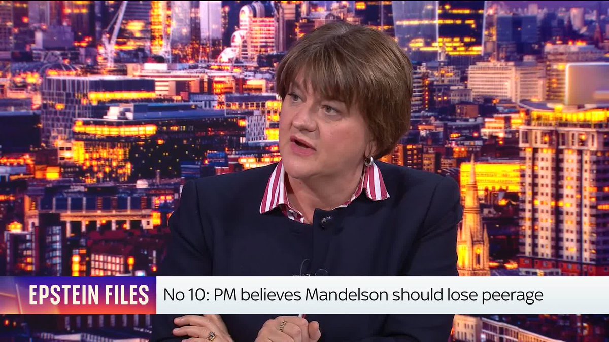 'If Peter Mandelson had any self awareness he would resign from the House of Lords' Arlene Foster DBE PC #ProudofNI. tells @AnnaBotting that Mandelson retiring from the Lords 'isn't enough now' Watch The Wrap live on Sky News: