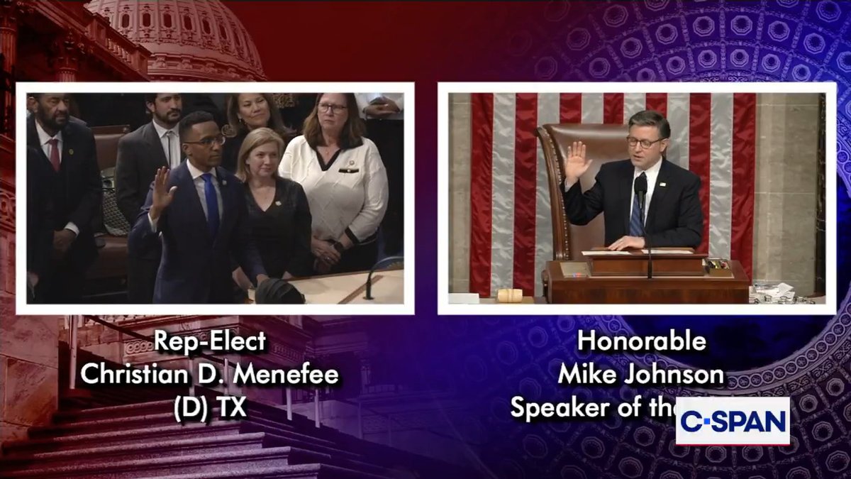 .Speaker Mike Johnson swears in Rep. Christian Menefee (D-TX) into the House of Representatives. The whole number of the House is now 432: 218 Republicans 214 Democrats 3 vacancies