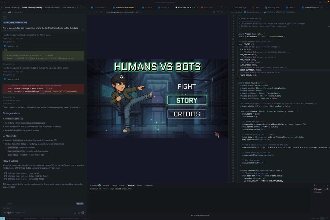 Update on building a 2D game only using Cursor ! Excited to see where this takes me. Im learning a lot doing this. Features im using: - Image gen tool (heavily) for sprites - Skills (heavily), specially for animations and assets - Subagents: For improvements that require more than one skill - Browser: For easy/fast visualization - Async Q&A Sharing my experience, tips, skills, and everything in this thread! 🧵