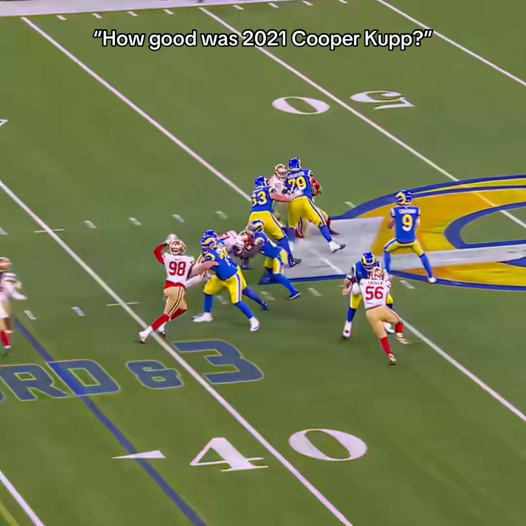 “DAD, HOW GOOD WAS COOPER KUPP IN HIS PRIME ON THE #RAMS IN 2021…?” Triple Crown Super Bowl champion SB LVI MVP Receptions: 145 (1st) Receiving Yards: 1,947 (1st: 2nd highest in history) Touchdowns: 16 (1st) One of the all-time great seasons: