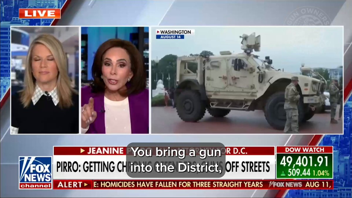 🚨BREAKING🚨 US Attorney Pirro on Fox News: “[If] you bring a gun into the District, you mark my words, you're going to jail. I don't care if you have a license in another district and I don't care if you're a law abiding law owner somewhere else. You bring a gun into this District, count on going to jail, and hope you get the gun back!”