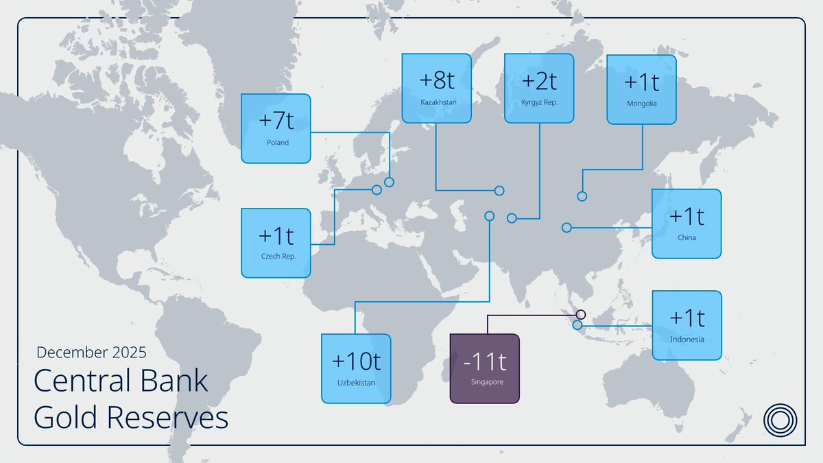 Central banks bought 19t of gold in December 2025. Reported purchases for the year as a whole? A total of 328t.