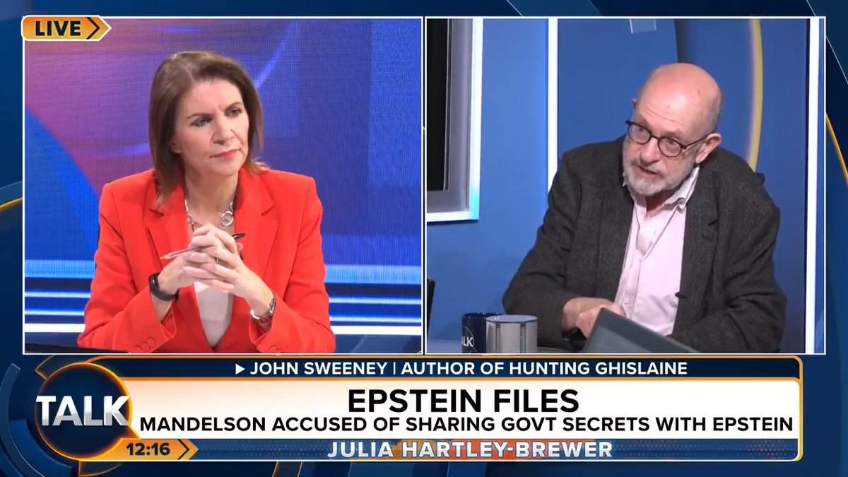 🚨"If the police arrest Peter Mandelson, Keir Starmer should resign." John Sweeney says the police have "every good reason to nick" Lord Mandelson after files suggest he leaked sensitive government information to Epstein. Julia Hartley-Brewer | John Sweeney