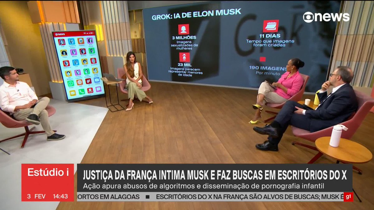 Grok, IA de Elon Musk, criou 3 milhões de imagens sexualizadas de mulheres, aponta observatório. 23 mil imagens parecem representar menores de idade, segundo o levantamento. ➡️ Assista à #GloboNews: #Estúdioi