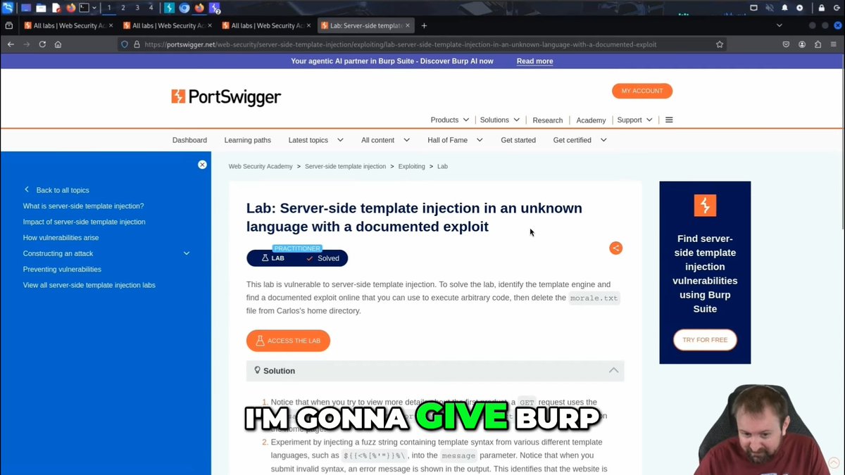 Watch BurpAI find and exploit a Server Side Template Injection bug. Video by Tib3rius, for the full video check out 👇