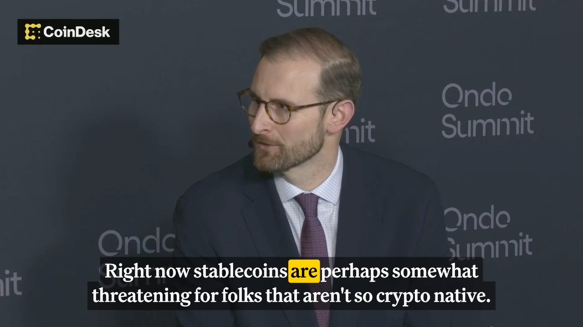 Stablecoins are "threatening" to banks now but will become a "win-win opportunity," White House crypto adviser Patrick Witt says at Ondo Finance Summit.