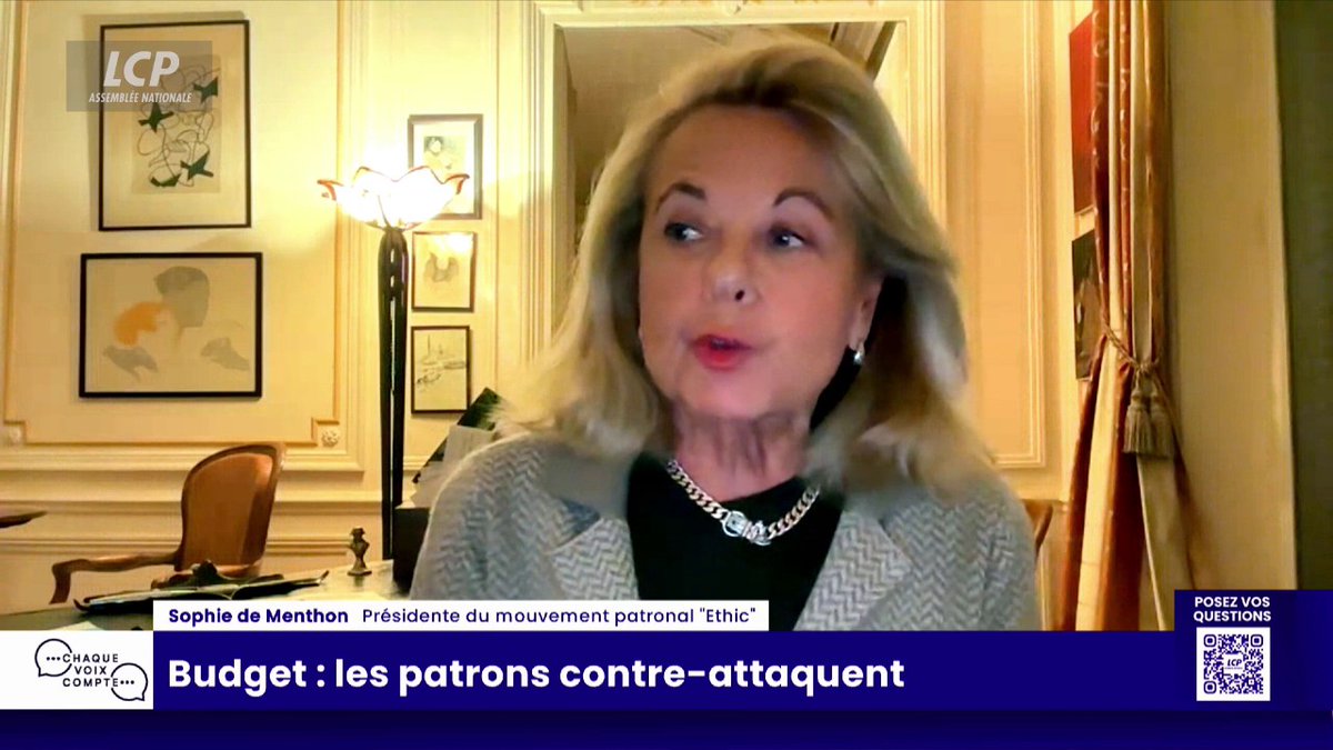 Colère des patrons : "Il n'y a aucun effort de réduction des dépenses de l'État. Nous travaillons pour l'Etat en ce moment, pour rembourser la dette, donner des impôts à la France", explique Sophie de Menthon, présidente du ETHIC."Il y a un découragement". #ChaqueVoix
