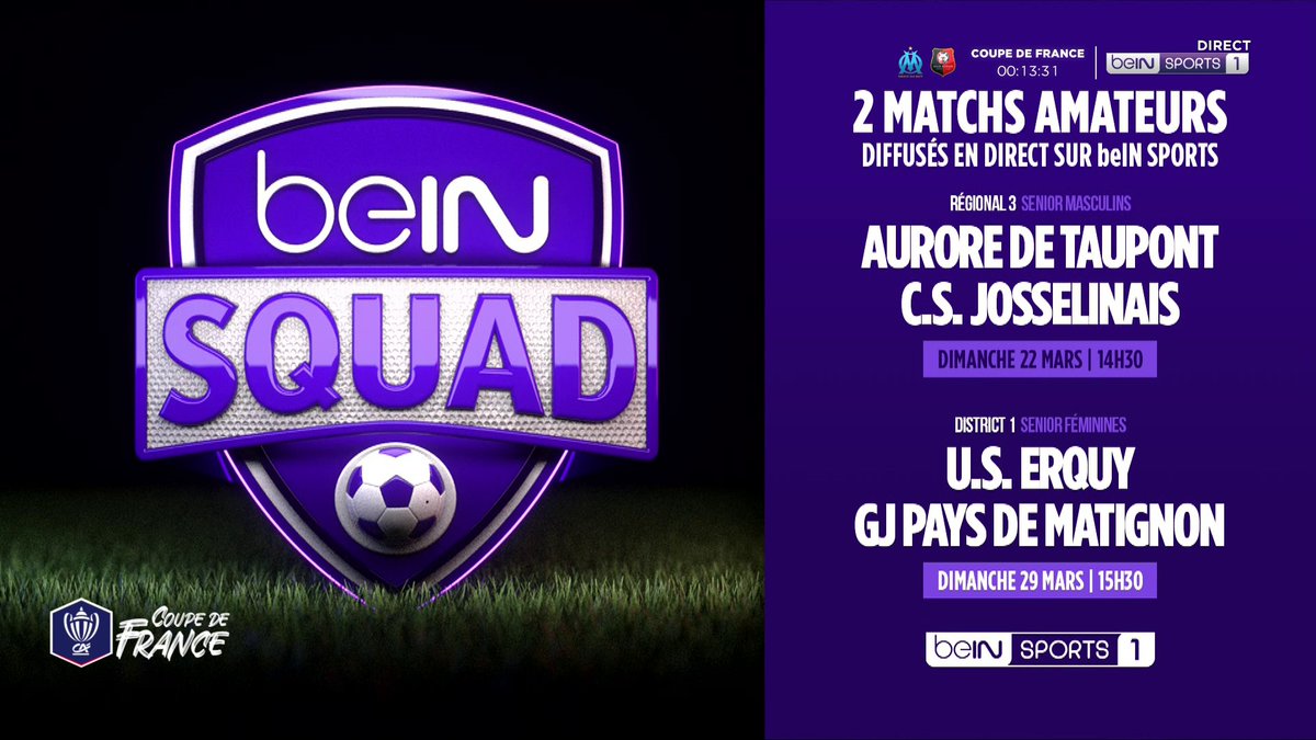 🤩 2 matchs amateurs diffusés en direct sur beIN SPORTS ! 🎥 Dans le cadre de #beINSQUAD, l’équipe féminine de l’US Erquy et l’équipe masculine de l’Aurore de Taupont verront leurs rencontres retransmises à l’antenne les 22 et 29 mars prochains !
