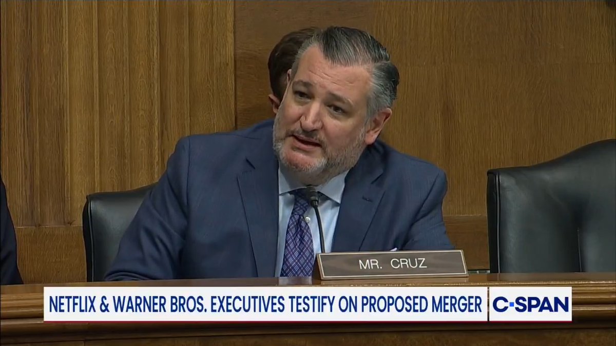 .Senator Ted Cruz: "Are we right now on stolen land?" Netflix co-CEO Ted Sarandos: "I have no idea of the history of this land." Warner Bros. Discovery exec Bruce Campbell: "Nor do I." Cruz: "That speaks volumes...that neither of you are willing to say 'hell, no.'"
