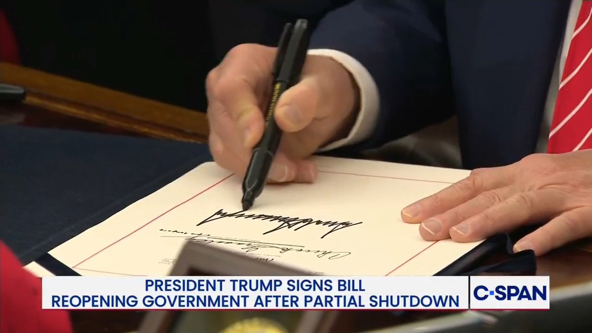 President Trump signs bill re-opening government after partial shutdown.