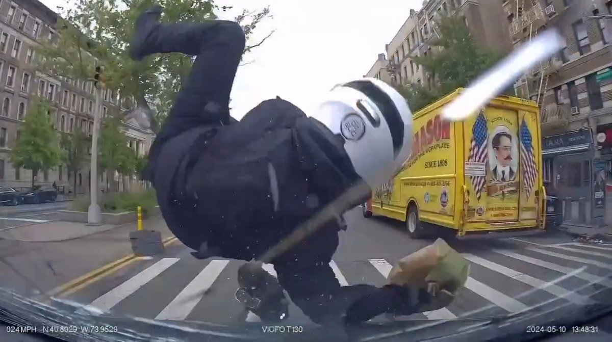 Food delivery driver in NYC riding on a unicycle (seriously...) gets hit by a car in the crosswalk and he cracks the windshield with his helmet 🪖 The footage appears to show that he was okay after the crash. Unicycle accordingly.... #CityLife #newyork #grubhub #unicycle #accident #crash #crosswalk #OSHA #urban #democrats