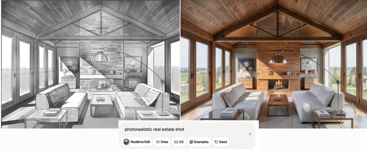 Architectural sketch to fully rendered house ✨ Real-time image edit models (like this one from KREA AI) are so good at restyling while maintaining the structure of a room. Also - it's just crazy fun to do!