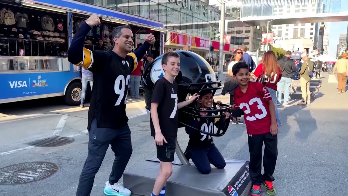 Giant helmets and winners' rings are among the exhibits at the Super Bowl Experience in San Francisco