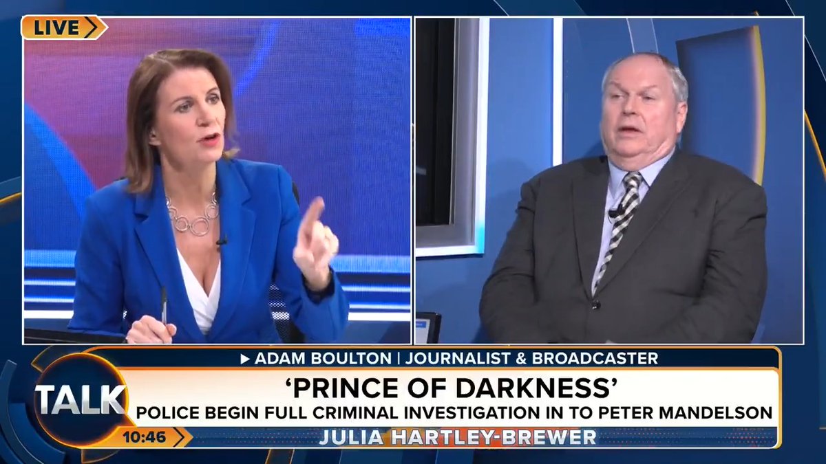 💥Julia Hartley-Brewer and Adam Boulton's explosive clash over Peter Mandelson. Adam: "You are just being self-righteous..." JHB: "He's a nasty piece of work, a proven liar, best mates with a paedophile, and you're happy to be mates with him!" Julia Hartley-Brewer