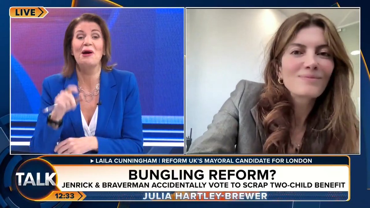 🚨 Julia Hartley-Brewer grills Reform UK's Laila Cunningham over their policy on the two-child benefit cap. Laila: "If you work hard, play by the rules and are British, then we will back you." Julia Hartley-Brewer | Laila Cunningham
