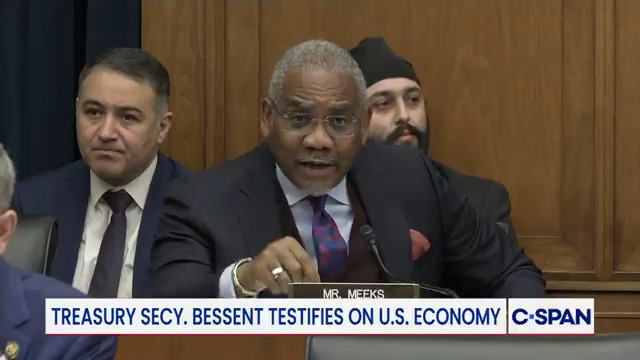 Heated exchange between Rep. Gregory Meeks and Sec. Scott Bessent: Sec. Bessent: "You traveled to Venezuela to lobby Hugo Chavez—" Rep. Meeks: "Stop covering for the President!"