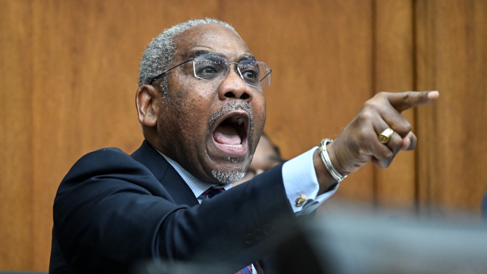 US Representative Gregory Meeks, a New York Democrat, yells at Treasury Secretary Scott Bessent during his testimony before the House Financial Services Committee, telling Bessent to "stop covering" for President Donald Trump