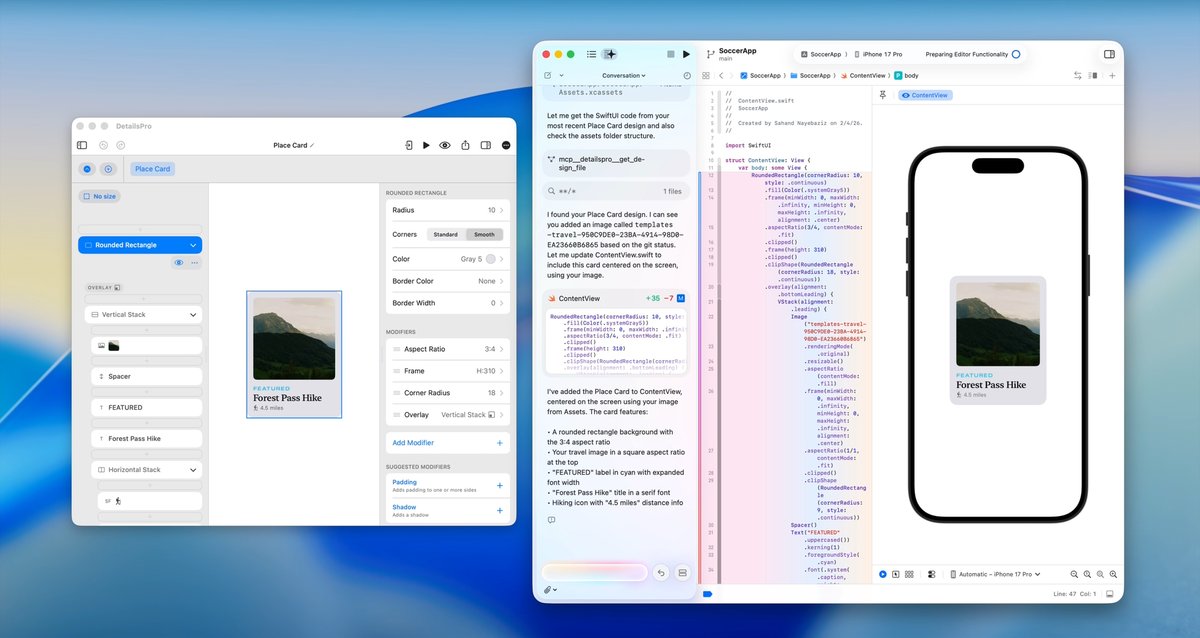 Here's DetailsPro MCP sharing SwiftUI designs directly with Xcode! Ask your favorite agent to grab one of your designs and watch as DetailsPro provides the SwiftUI code. Tweak and iterate on your design live and let the agent know to grab the changes.
