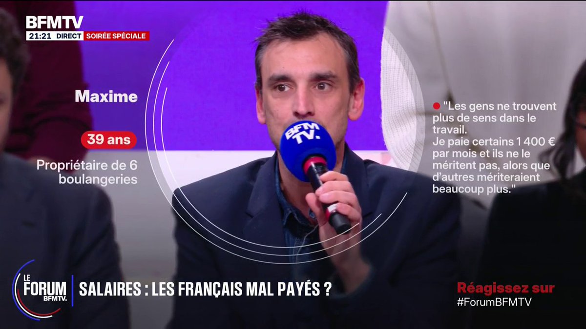 "Je ne crois pas que les Français sont mal payés, par contre le net dans la poche est le problème", estime Maxime, propriétaire de 6 boulangeries #FORUMBFM