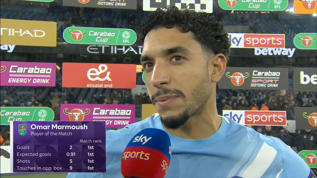 "I'm very happy to score two goals and get the team to the final!" Omar Marmoush reacts as Manchester City book their spot in the Carabao Cup final! 👏
