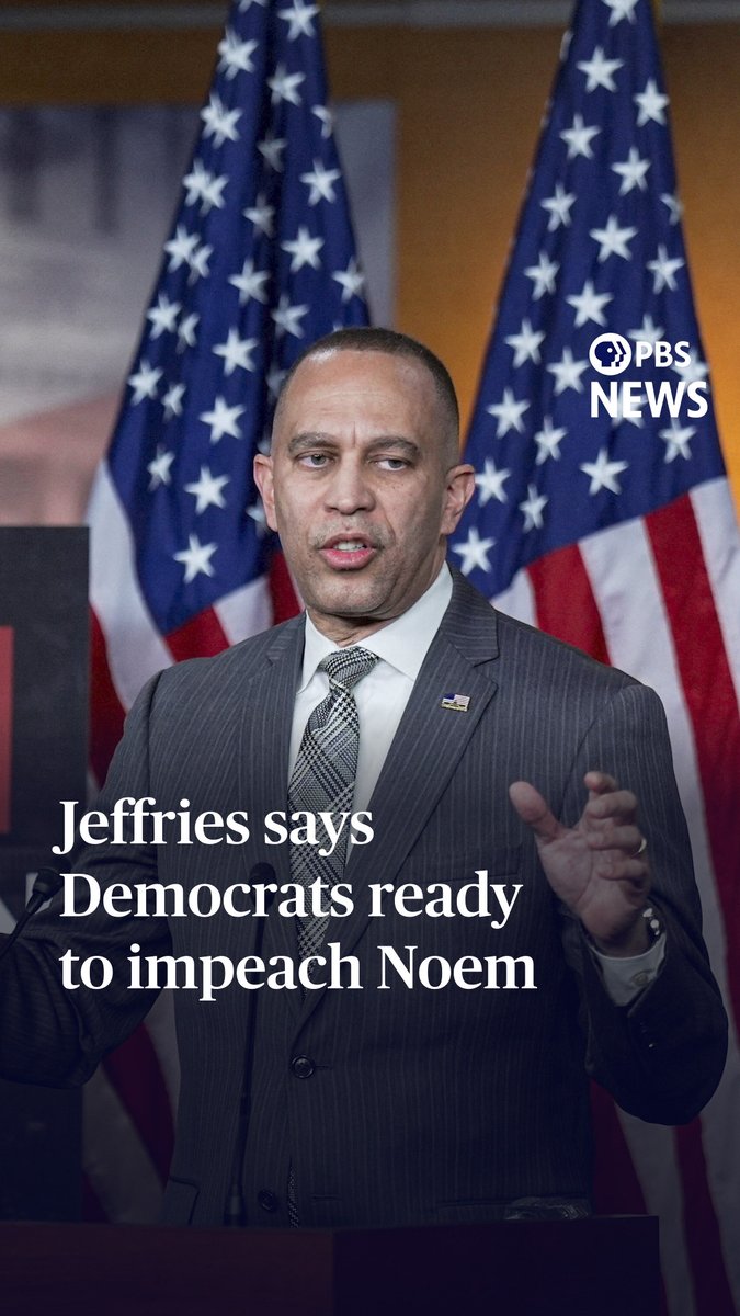 House Minority Leader Hakeem Jeffries said Tuesday night that if Homeland Security Secretary Kristi Noem is not fired, Democratic lawmakers are "prepared to initiate impeachment proceedings against her." Jeffries, D-NY, also criticized Noem for saying that a program to issue body cameras to Department of Homeland Security officers will be expanded nationwide, “as funding is available.” “Kristi Noem has zero credibility,” Jeffries told PBS News’ Geoff Bennett (Geoff Bennett). “Certainly, it is the case that body cameras should be required. We also know that the Department of Homeland Security has more than enough funding.” His comments came after President Donald Trump signed legislation to end the partial government shutdown. The deal did not include funding for DHS, and Democrats are locked in a battle with the Trump administration over tactics used in its crackdown on immigration in American cities.