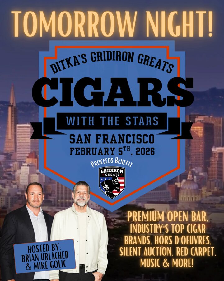 ✨Join us Ditka’s GridironGreats Cigars with the Stars returns tomorrow for an unforgettable evening of legendary guests, premium cigars, and a mission that matters. 🏈✨ 🎟 Tickets are still available online until 3pm PST 2/5: Brian Urlacher Mike Golic