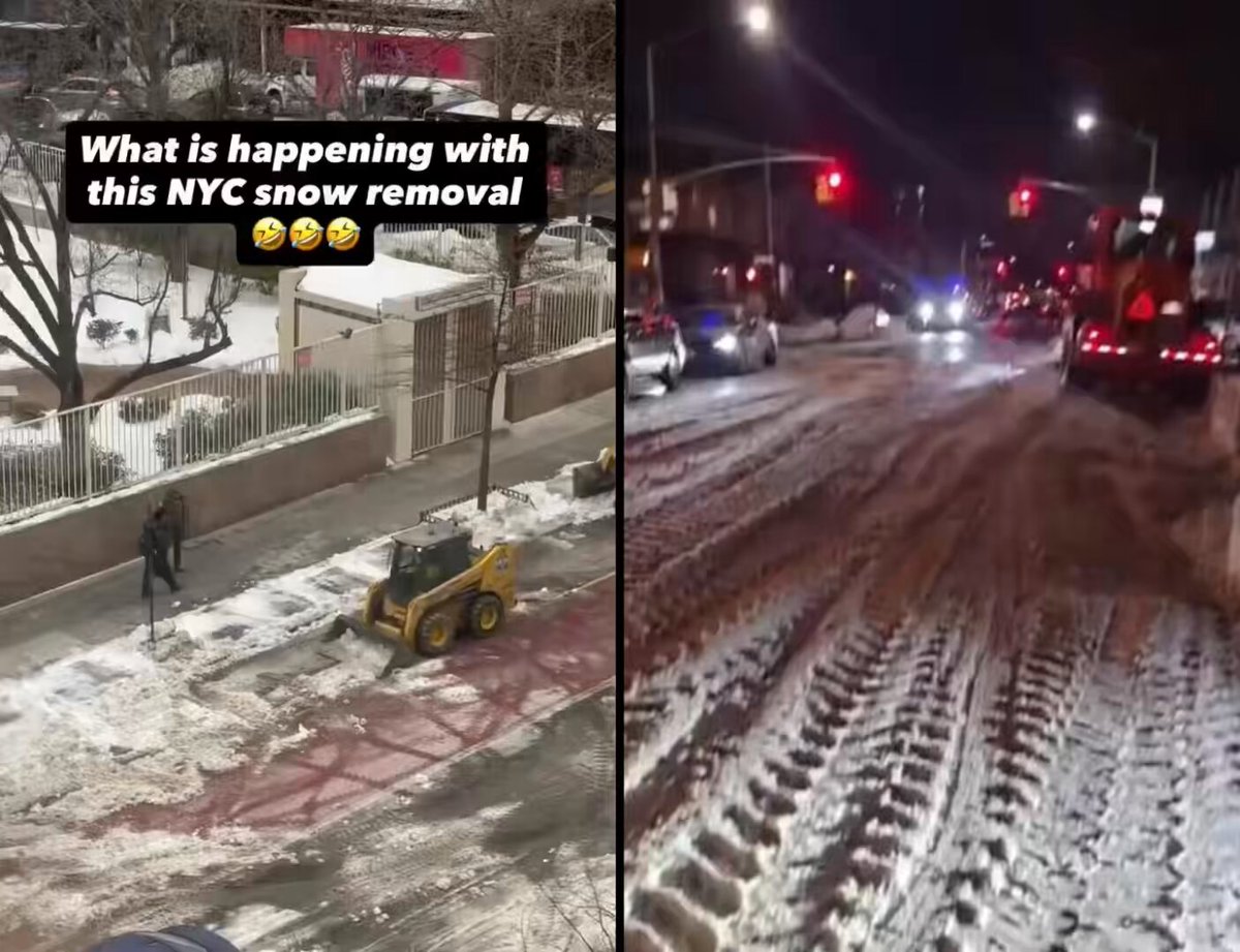 BREAKING - New York City has allowed snow buildup to get so bad that they are now attempting to break down the huge piles and spread it evenly across the road.